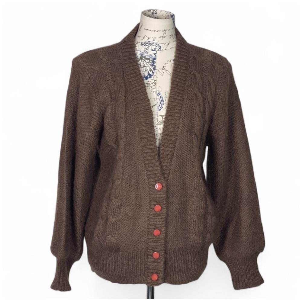 Wool blend Vintage Brown Cable Knit Cardigan Sweater M - Picture 5 of 7